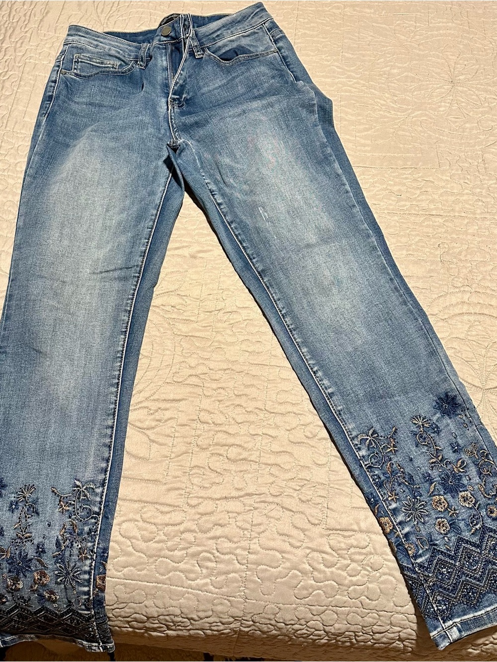 CHARLIE B Light Blue Straight Leg Jeans with Embroidered Hem